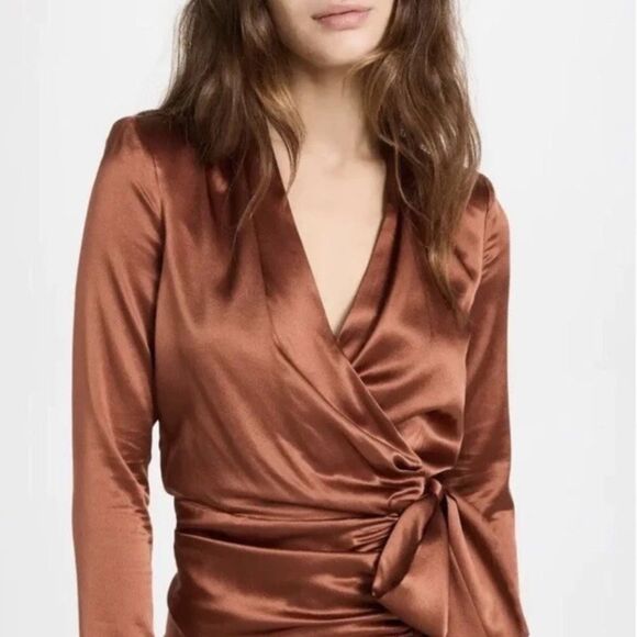 NWT Veronica Beard Agatha Mini Silk Wrap Dress Cognac Size 6 - Picture 3 of 16